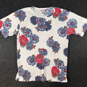 Bobbie Brooks Floral Shirt Womens M White Blue Red Ribbed Tee Vintage 90s Boho